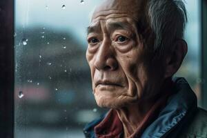 Senior Ásia homem triste e depressivo olhando Fora do a janela com pingos de chuva em a vidro janela em uma chuvoso dia , generativo ai. foto