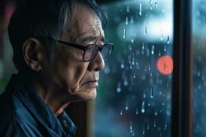 Senior Ásia homem triste e depressivo olhando Fora do a janela com pingos de chuva em a vidro janela em uma chuvoso dia , generativo ai. foto