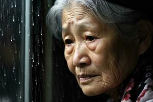 Senior Ásia mulher triste e depressivo olhando Fora do a janela com pingos de chuva em a vidro janela em uma chuvoso dia , generativo ai. foto