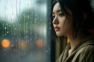 Ásia jovem mulher triste do sentar em a Beira a janela com pingos de chuva em a vidro janela em uma chuvoso dia , generativo ai. foto