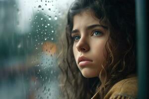 uma jovem menina triste do sentar em a Beira a janela com pingos de chuva em a vidro janela em uma chuvoso dia , generativo ai. foto