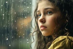 uma jovem menina triste do sentar em a Beira a janela com pingos de chuva em a vidro janela em uma chuvoso dia , generativo ai. foto