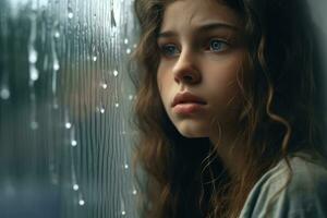 uma jovem menina triste do sentar em a Beira a janela com pingos de chuva em a vidro janela em uma chuvoso dia , generativo ai. foto