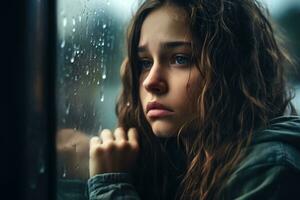 uma jovem menina triste do sentar em a Beira a janela com pingos de chuva em a vidro janela em uma chuvoso dia , generativo ai. foto