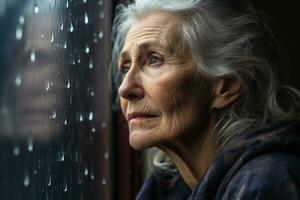 Senior mulher triste e depressivo olhando Fora do a janela com pingos de chuva em a vidro janela em uma chuvoso dia , generativo ai. foto