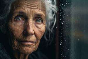 Senior mulher triste e depressivo olhando Fora do a janela com pingos de chuva em a vidro janela em uma chuvoso dia , generativo ai. foto