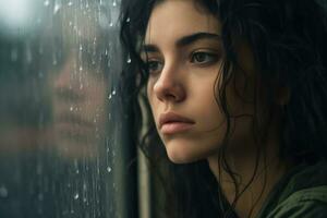 uma jovem mulher triste do sentar em a Beira a janela com pingos de chuva em a vidro janela em uma chuvoso dia , generativo ai. foto
