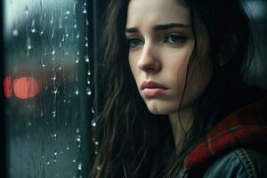 uma jovem mulher triste do sentar em a Beira a janela com pingos de chuva em a vidro janela em uma chuvoso dia , generativo ai. foto