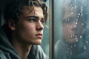 uma jovem homem triste do sentar em a Beira a janela com pingos de chuva em a vidro janela em uma chuvoso dia , generativo ai. foto