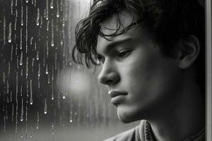 uma jovem homem triste do sentar em a Beira a janela com pingos de chuva em a vidro janela em uma chuvoso dia , generativo ai. foto