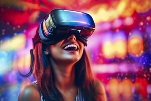 retrato do uma sorridente mulher dentro casual roupas vestindo virtual realidade copos, e jogando, neo luz, borrado neo cor fundo, ai generativo foto