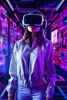 uma jovem ásia mulher é usando uma virtual realidade fone de ouvido. néon luz estúdio retrato. conceito do virtual realidade, simulação, jogos, e futuro tecnologia. ai generativo foto