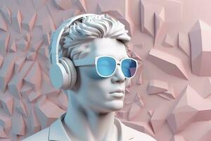 mínimo cena do oculos de sol e fones de ouvido em humano cabeça escultura, música conceito, 3d Renderização. ai generativo foto