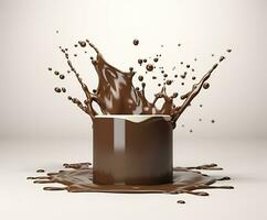 chocolate respingo com uma pódio, brincar fundo para leite produtos mostrar, 3d. generativo ai foto