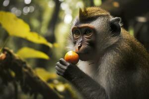 fechar acima do macaco comendo fruta dentro a selva. generativo ai foto