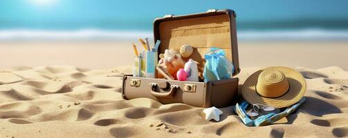 de praia preparação, acessórios dentro mala de viagem em areia. generativo ai foto