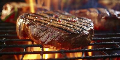 carne lombo bife grelhar em uma flamejante grade. generativo ai foto