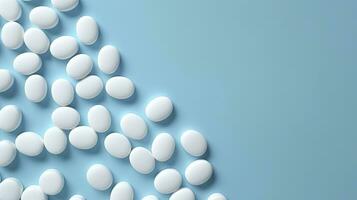 topo Visão branco remédio comprimidos antibiótico pílulas em uma suave azul fundo, cópia de espaço, farmacia tema, ai generativo foto