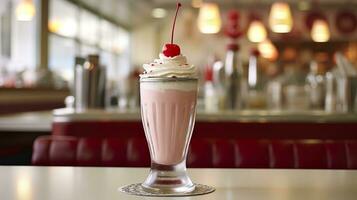 cereja milkshake dentro uma clássico americano o jantar. Comida fotografia conceito. generativo ai foto