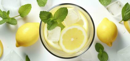 limonada dentro uma vidro com fresco limões e hortelã. frio verão beber com cópia de espaço. generativo ai foto