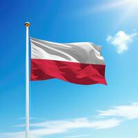 acenando bandeira do Polônia em mastro de bandeira com céu fundo. foto