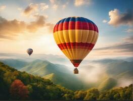 colorida quente ar balão vôo sobre montanha ai gerado foto