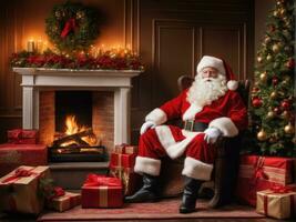 santa claus dentro uma lindo quarto Próximo para a lareira e Natal árvore ai gerado foto