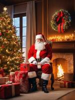 santa claus dentro uma lindo quarto Próximo para a lareira e Natal árvore ai gerado foto