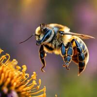 vôo querida abelha colecionar pólen às flor. ai gerado foto