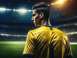 futebol jogador vestindo dentro uniforme em pano de fundo lestádio ai gerado foto