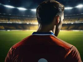 futebol jogador vestindo dentro uniforme em pano de fundo lestádio ai gerado foto