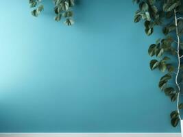azul estúdio parede com sombra e folhas. moda fundo para apresentação ai gerado foto