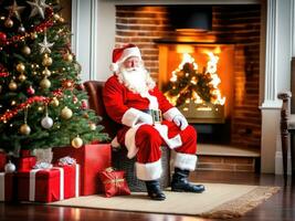 santa claus dentro uma lindo quarto Próximo para a lareira e Natal árvore senta com uma saco do presentes ai gerado foto