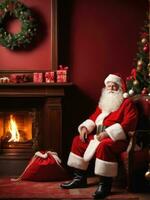 santa claus dentro uma lindo quarto Próximo para a lareira e Natal árvore senta com uma saco do presentes ai gerado foto