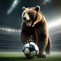 ai gerado lindo Urso com futebol bola, furioso Urso dentro estádio fundo. foto