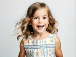 retrato do jovem animado chocado louco sorridente menina criança criança em branco fundo ai gerado foto