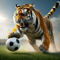 lindo tigre com futebol bola, furioso tigre dentro estádio fundo. ai gerado foto