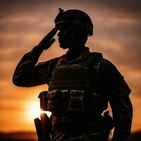 silhueta do uma soldado saudando durante pôr do sol ai gerado foto