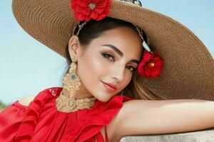 retrato do uma elegante lindo mulher dentro tradicional roupas vestindo uma chapéu. ai generativo pró foto