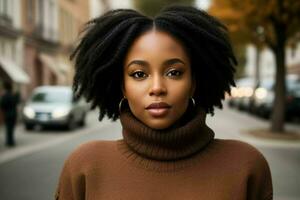 lindo mulher dentro uma suéter em a rua. ai generativo pró foto