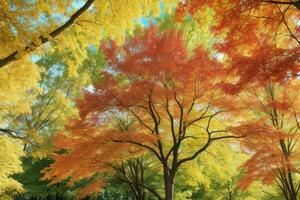 lindo panorama parque com árvores e Sol. colorida folhagem dentro a parque. ai generativo pró foto