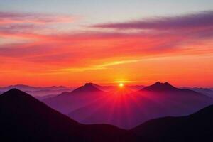 montanha silhuetas às pôr do sol. ai generativo pró foto