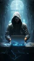 hacker digitando em computador portátil anônimo conceito. generativo ai foto