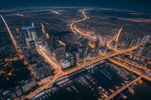 aéreo Visão do uma paisagem urbana às noite fundo. ai generativo pró foto