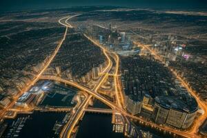 aéreo Visão do uma paisagem urbana às noite fundo. ai generativo pró foto