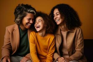 uma jovem paciente rindo com família isolado em uma caloroso gradiente fundo foto