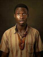 jovem homem com africano características quem parece para estar chocado ai generativo foto