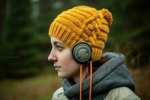 uma gorro com fones de ouvido construídas em foto