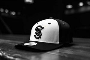 uma Preto e branco beisebol boné com uma equipe logotipo foto
