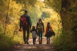 uma Papai e dele família indo em uma natureza andar foto